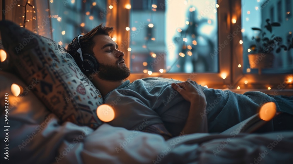 Cozy Evening with Music: Man Relaxing in Bed Under Strings of Lights Cozy Evening with Music: Man Relaxing in Bed Under Strings of Lights