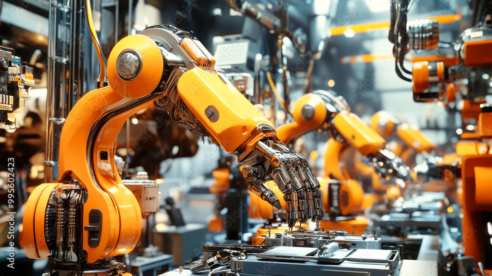 In a dynamic factory space, advanced robotic arms work in unison to assemble and manufacture sophisticated products, showcasing innovative technology and design In a dynamic factory space, advanced robotic arms work in unison to assemble and manufacture sophisticated products, showcasing innovative technology and design
