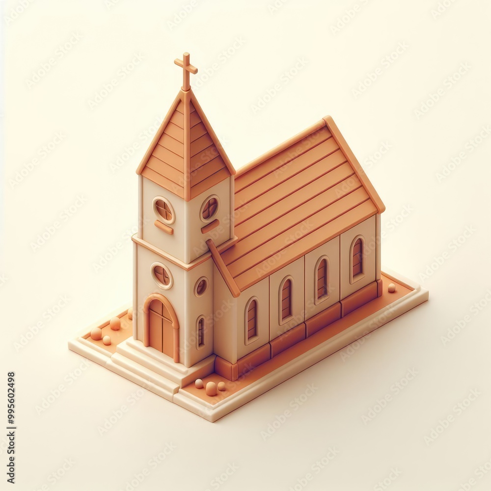 Fototapeta premium Cartoon church model. 3D minimalist cute illustration on a light background.