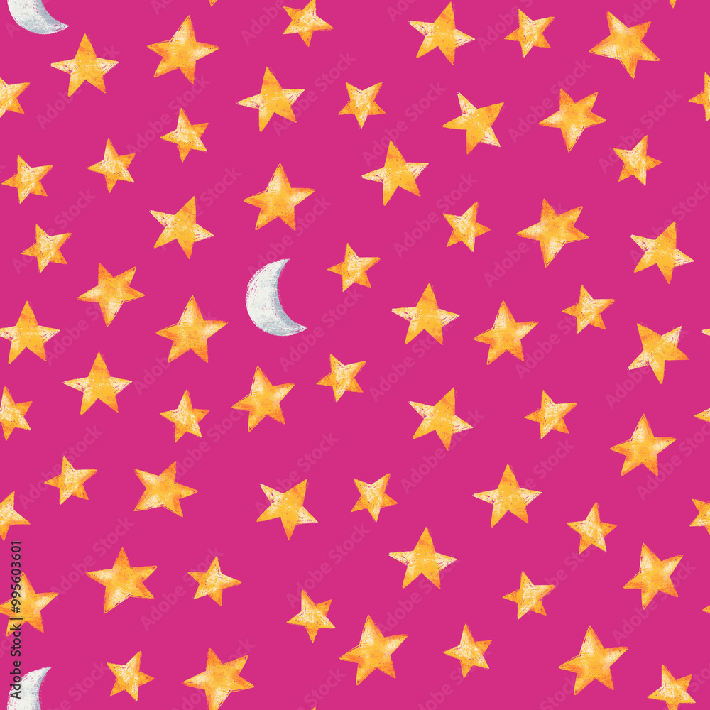Seamless pattern with stars and the moon on a pink background
