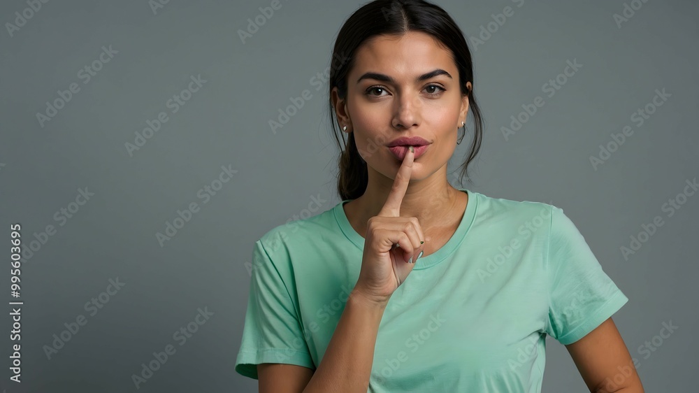 Shh, It's a Secret: A woman with captivating eyes and a hint of mischief in her smile gestures with a finger to her lips, inviting intrigue and a sense of mystery. Shh, It's a Secret: A woman with captivating eyes and a hint of mischief in her smile gestures with a finger to her lips, inviting intrigue and a sense of mystery.