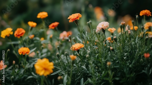 A vibrant garden filled with blooming marigold flowers in various shades of orange and yellow during a sunny afternoon in early spring