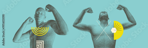 Be strong! Victory and freedom. Strong man raising hands up. Sport symbol. Leadership or workout bodybuilding concept. Battle with yourself. Vector in сoarse and fine style.