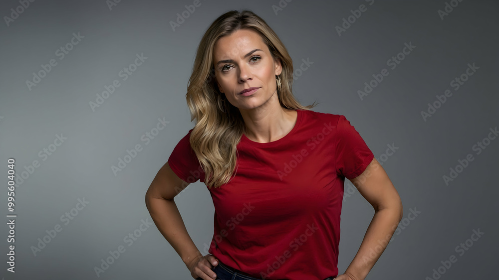 Confident Woman in Red: Portrait of a stylish blonde woman in a red t-shirt, exuding confidence and poise against a gray background. A powerful image for branding or editorial use. Confident Woman in Red: Portrait of a stylish blonde woman in a red t-shirt, exuding confidence and poise against a gray background. A powerful image for branding or editorial use.