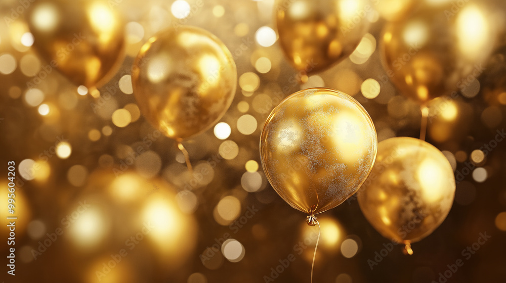 Golden balloons floating gracefully amidst a shimmering backdrop for a celebratory event in the evening Golden balloons floating gracefully amidst a shimmering backdrop for a celebratory event in the evening