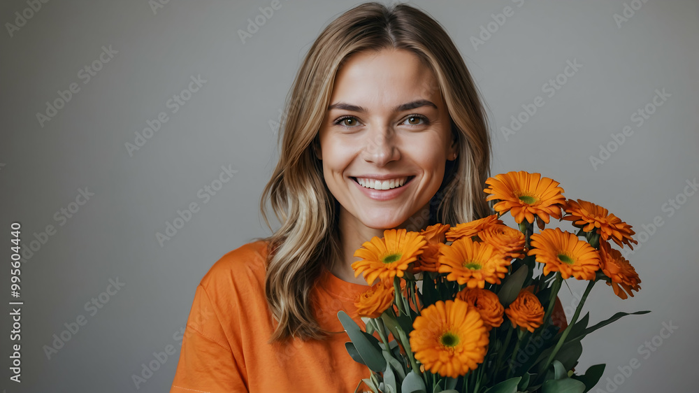 Radiant Woman with Orange Flowers: A portrait of a smiling young woman holding a vibrant bouquet of orange flowers, exuding warmth and positivity. Perfect for spring, summer, or Mother's Day themes.