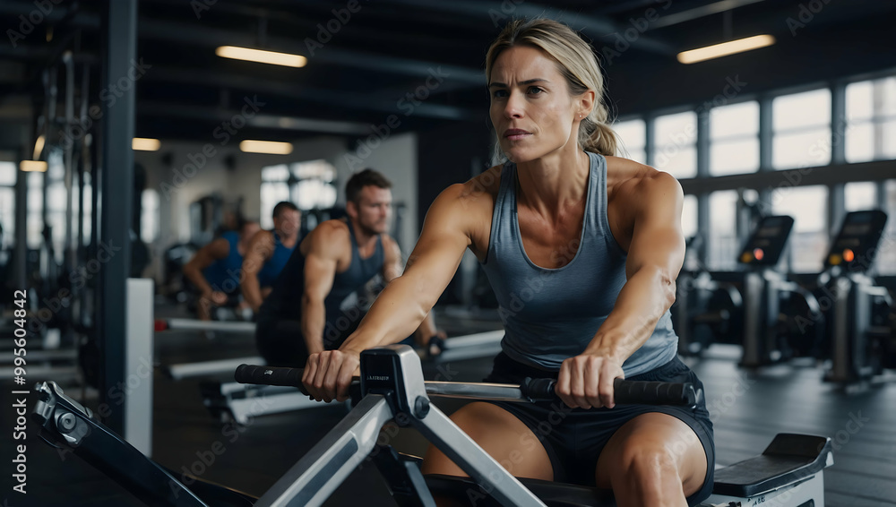 Focused Determination on the Rowing Machine: A determined woman in workout attire, her face etched with focus, pulls the rowing machine with intensity. Focused Determination on the Rowing Machine: A determined woman in workout attire, her face etched with focus, pulls the rowing machine with intensity.
