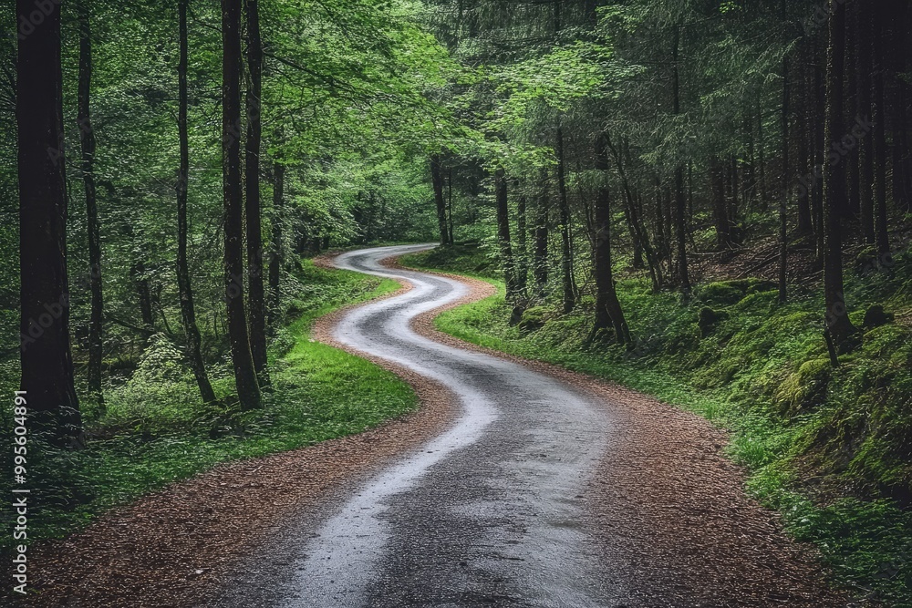 Winding road through a forest. Ideal for themes of nature, travel, and journey. Winding road through a forest. Ideal for themes of nature, travel, and journey.