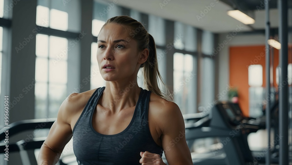 Obraz premium Focused Determination: A woman runs on a treadmill in a modern gym, her face reflecting intense focus and determination as she pushes herself to achieve her fitness goals. 