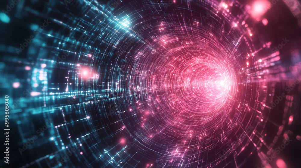 Obraz premium Futuristic digital tunnel with glowing particles, abstract design.
