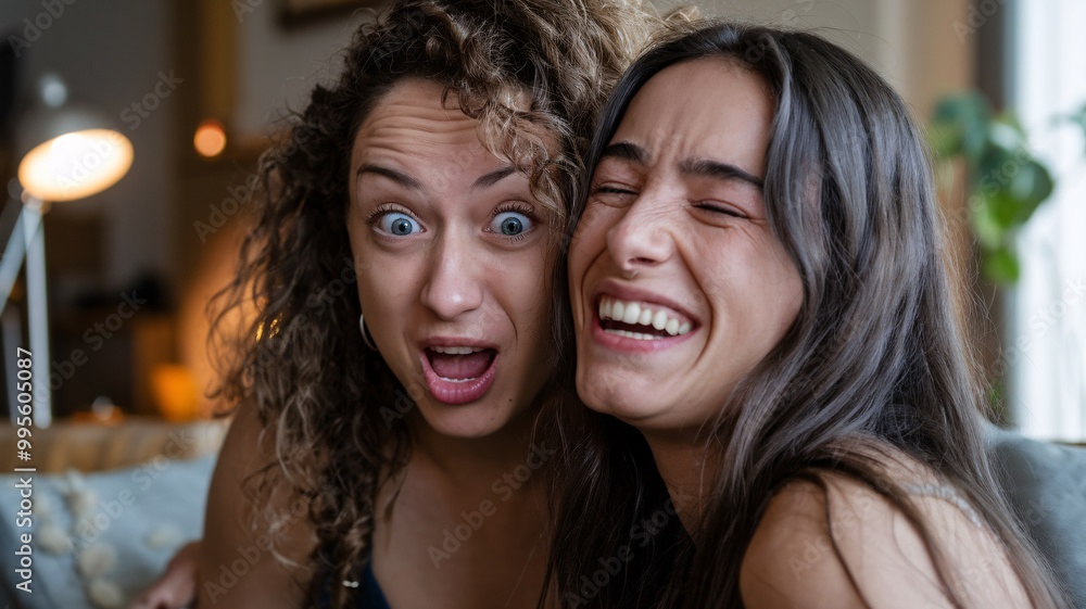 Two friends express pure joy as they share a hilarious moment together. Their infectious laughter and surprised expressions capture the essence of friendship and fun in a cozy setting. Two friends express pure joy as they share a hilarious moment together. Their infectious laughter and surprised expressions capture the essence of friendship and fun in a cozy setting.