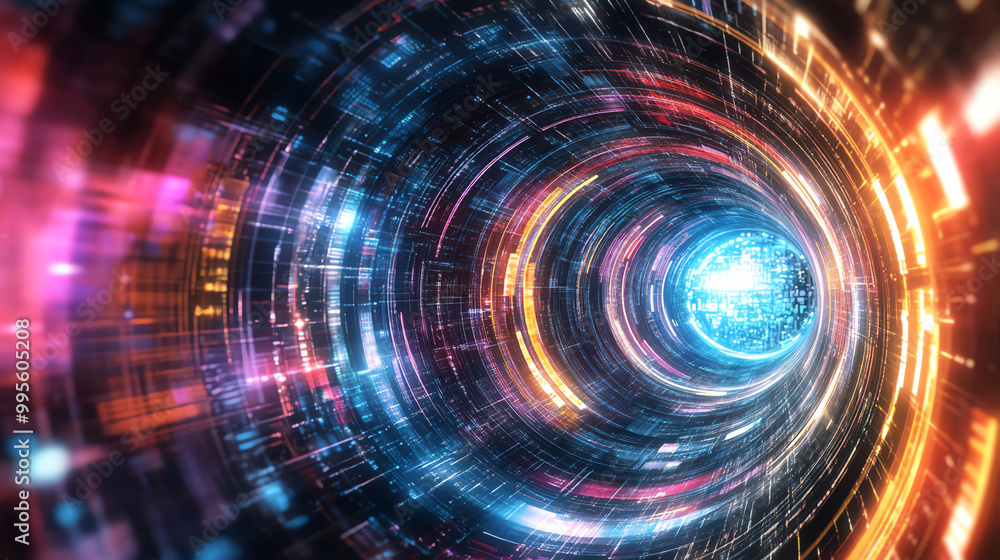 Fototapeta premium Abstract digital vortex with vibrant lights and glowing particles