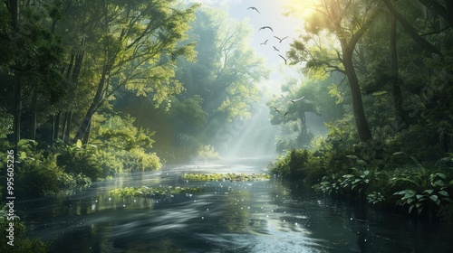 Sunlight dapples the water as a serene river winds through a thick forest, with birds gliding gracefully overhead.