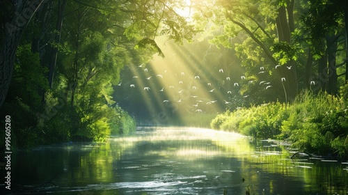 The tranquil river flows through a lush forest, where sunlight dances on the water and birds gracefully fly above.