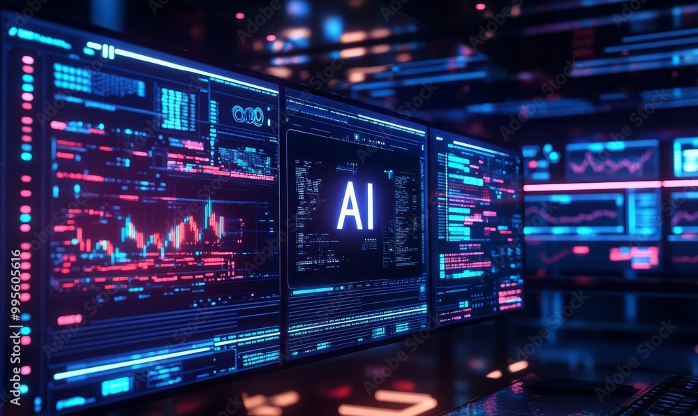 Computer monitors displaying AI data and code. Computer monitors displaying AI data and code.