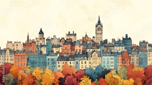 Aberdeen, United Kingdom, color pen pencil hand-drawn effect drawing illustration for travel poster, card, wallpaper, backdrop or banner. Modern, clear, artistic and simple