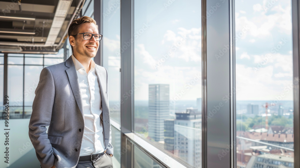 Confident young professional in modern office, standing by large windows overlooking city skyline on bright day. Concept of career growth, business success, and corporate environment. Copy space Confident young professional in modern office, standing by large windows overlooking city skyline on bright day. Concept of career growth, business success, and corporate environment. Copy space