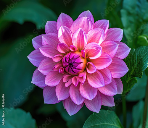 A vibrant purple and pink dahlia flower, with its petals glowing in the sunlight. Created with Ai