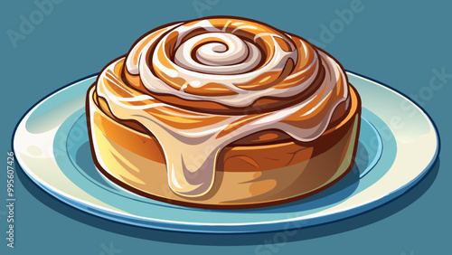 Close up of a freshly baked cinnamon roll bun with icing on a plate , delicious, sweet, pastry, breakfast, brunch