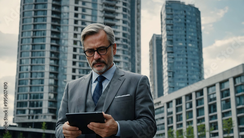 The Urban Executive: A confident businessman in a tailored suit, navigating the city with purpose, engrossed in his tablet. He exudes professionalism and ambition.