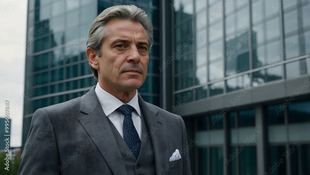 Fototapeta premium Confident CEO Portrait: A mature, successful businessman exudes confidence and authority in a sharp grey suit, standing before a modern glass skyscraper.
