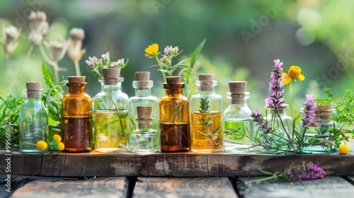 Bottles of essential oil with fresh herbs and flowers standing on wooden plank