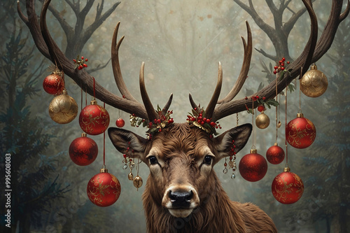 Weihnachtliches Motiv - Hirsch mit geschmücktem Geweih