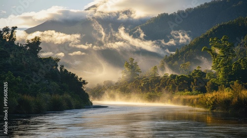 Wallpaper Mural As dawn breaks, a serene river flows through a lush valley, surrounded by mist that rises gracefully from the water. Torontodigital.ca