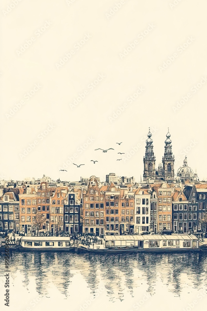 Fototapeta premium Amsterdam, Netherlands, color pen pencil hand-drawn effect drawing illustration for travel poster, card, wallpaper, backdrop or banner. Modern, clear, artistic and simple