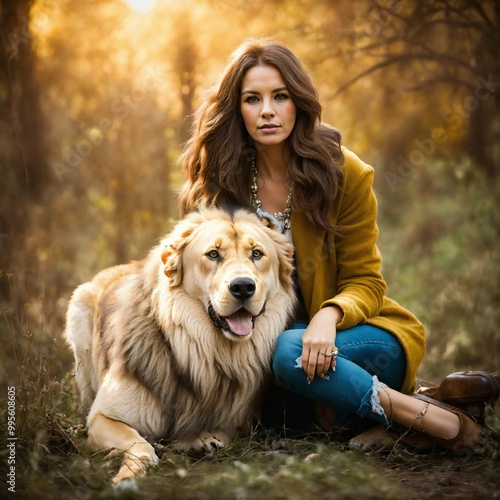 Elegant portrait of a woman sitting with her large fluffy dog in a warm autumn landscape