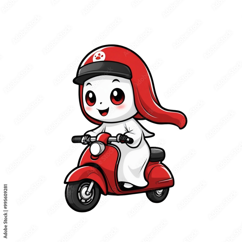cheerful red and white Halloween graphic with a ghost of a woman on a scooter cheerful red and white Halloween graphic with a ghost of a woman on a scooter