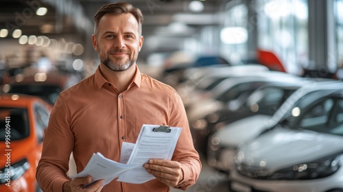 A man in an orange shirt is standing in a car lot with a clipboard in his hand