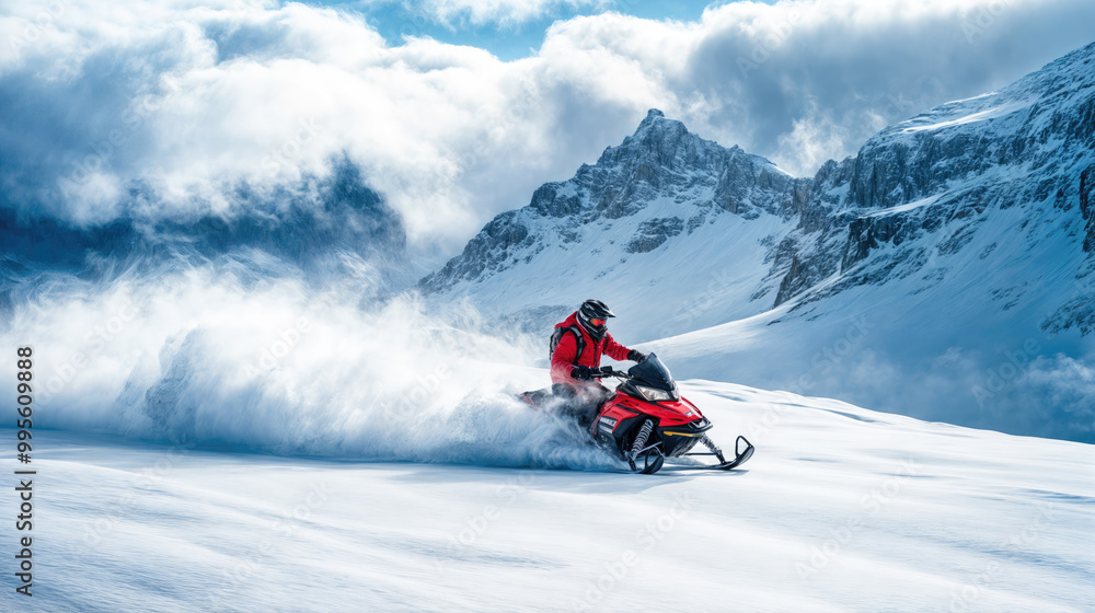 Man riding snowmobile in snow covered mountains is leaving behind a trail of snow Man riding snowmobile in snow covered mountains is leaving behind a trail of snow