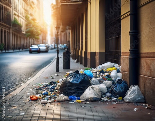 Bolsas de basura sobre la acera en una calle de ciudad