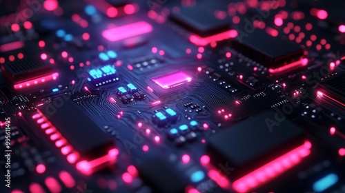 Futuristic Red Circuit Board with Glowing Components Generative AI