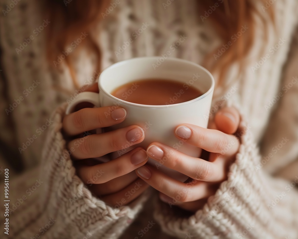 Cozy Autumn Morning with a Cup of Hot Coffee in Hand-Knit Sweater Cozy Autumn Morning with a Cup of Hot Coffee in Hand-Knit Sweater