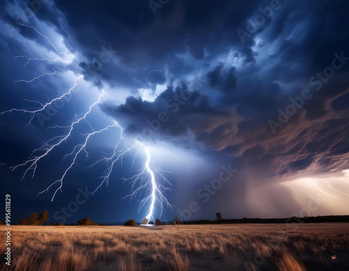 Capturing dramatic lightning strike in a stormy sky, illustrating power of nature, thunderstorm, danger, electric discharge, atmospheric phenomenon.