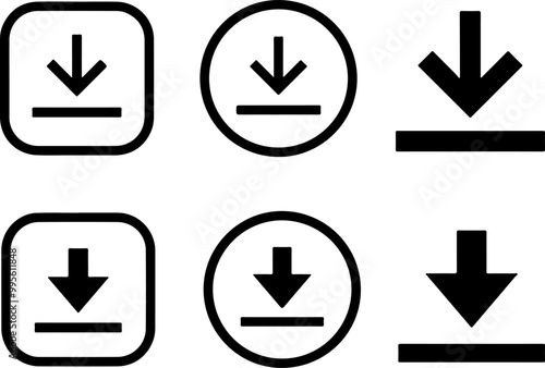 Pixel perfect icon set of download button with arrow. Thin line icons, flat vector illustrations. Isolated on white, transparent background