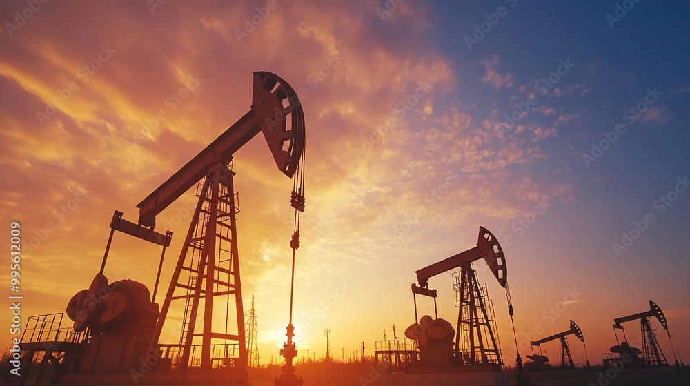 Silhouetted oil pumps against a colorful sunset sky, highlighting the intersection of industry and nature.