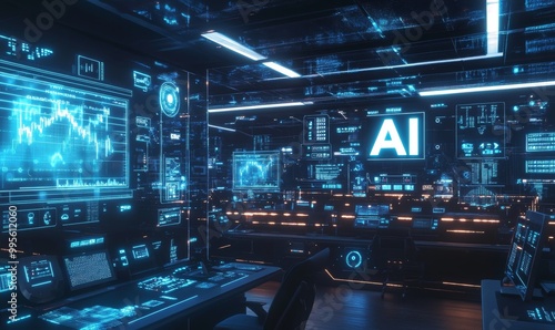 Futuristic AI control room with glowing displays.