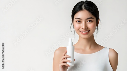 A smiling woman holds a skincare product, showcasing beauty and confidence against a neutral background. photo