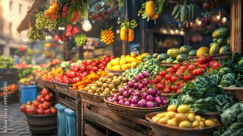 Colorful fruit and vegetable market. Stand with a variety of fresh produce for sale