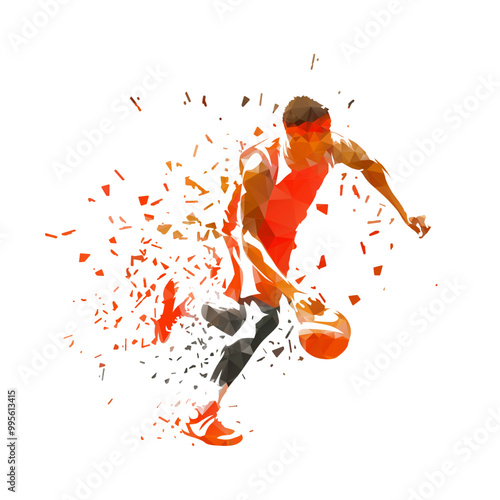 Basketball player with ball, isolated low poly vector illustration. Team sports, streetball