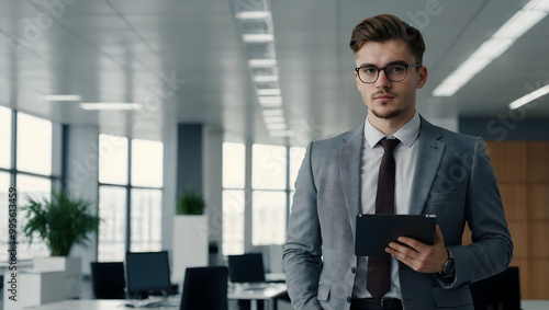 Confident Businessman: A young, confident businessman in a grey suit and glasses stands confidently in a modern office setting, holding a tablet. He exudes success and professionalism.