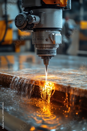 CNC machine cutting granite countertop with water spouting from the head in a workshop, industrial stone cutting process
