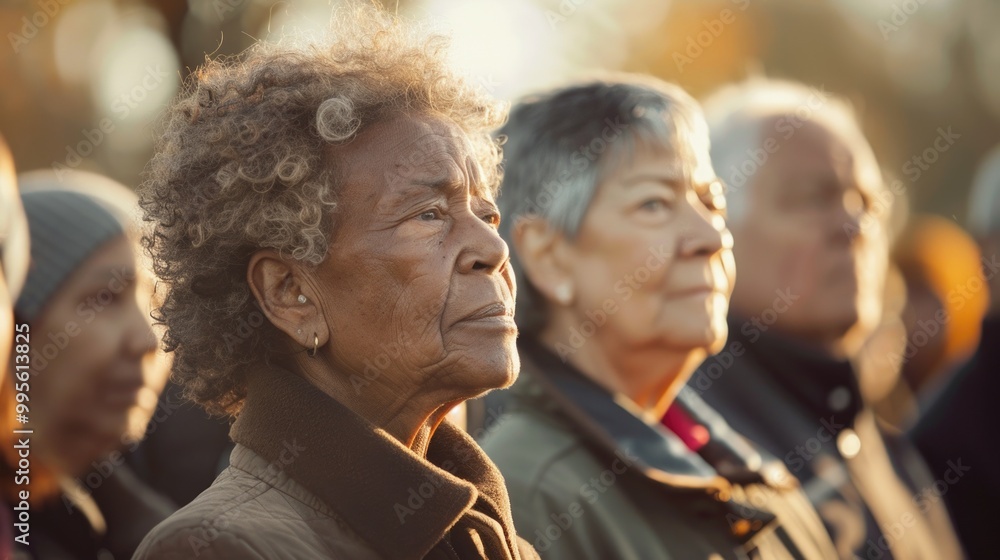group of elderly individuals standing together, their faces reflecting contemplation and resilience. Warm light bathes their expressions, conveying a sense of wisdom, experience, and unity group of elderly individuals standing together, their faces reflecting contemplation and resilience. Warm light bathes their expressions, conveying a sense of wisdom, experience, and unity