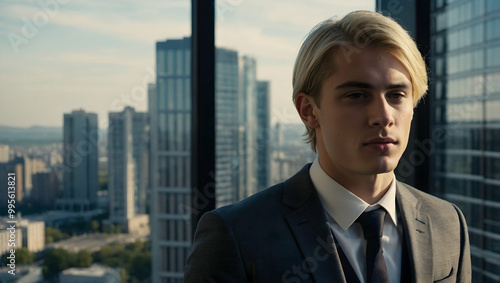 Ambitious Young Businessman: A portrait of a determined young man in a sharp suit, gazing thoughtfully from a high-rise office window overlooking a stunning cityscape.