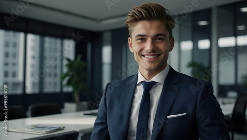 Confident and Ready: A young businessman smiles confidently, exuding professionalism and success. His sharp attire and stylish haircut signal ambition and readiness for the challenges ahead. photo