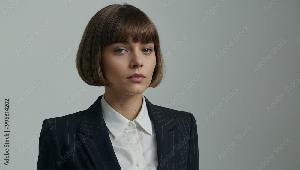 Confident Businesswoman Portrait: A young woman with a stylish bob haircut and a serious expression, wearing a dark pinstripe blazer and crisp white shirt, exudes professionalism and competence. Confident Businesswoman Portrait: A young woman with a stylish bob haircut and a serious expression, wearing a dark pinstripe blazer and crisp white shirt, exudes professionalism and competence.