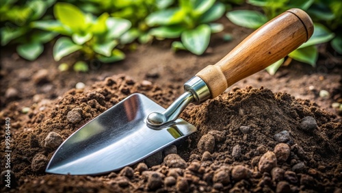 Stainless steel gardening trowel resting on freshly turned soil in a garden with flowers growing in the background